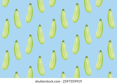 Seamless pattern of long green eggplants scattered on a bright blue background. Great for packaging, organic product branding, and fabric design.