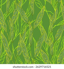 Seamless pattern with long green narrow leaves on branches, gold veins and vines. Vector illustration. Used for fabric, wallpaper, packaging, etc.