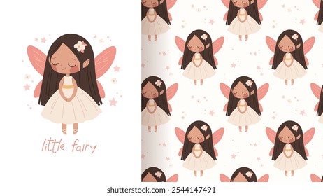 Seamless pattern with long haired fairy girl in pastel colors. Baby fabric swatch with fairy princess. Vector ornament with elements