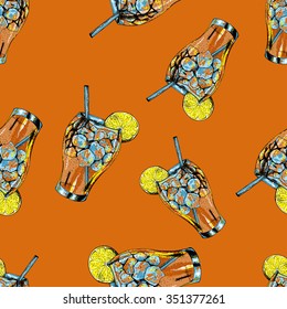 Seamless pattern with Long Island cocktail.Hand drawn vector illustration in sketch style.