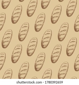 Seamless Pattern with long Loaf. Bakery product. For printing wrapping paper, packaging, fabric. Hand Drawn vector illustration.