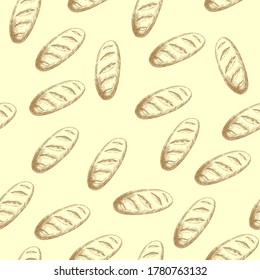 Seamless Pattern with long Loaf. Bakery product. For printing wrapping paper, packaging, fabric. Hand Drawn vector illustration.