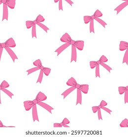 Seamless pattern with long ribbon pink bows. Feminine and elegant textile, wrapping paper, or decorative design. Flat vector illustration isolated on white background.