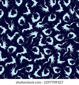 Seamless pattern with long and round splashes and splashes of water on a dark blue background. Vector illustration. For packaging, textile, cover, background.