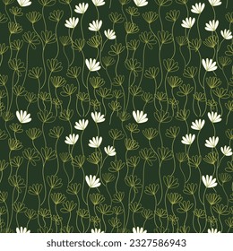 Seamless pattern of long stems of white flowers on a dark green background.