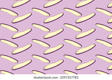 Seamless pattern of long thin eggplant slices on a pastel purple background. Suitable for vegan product design, eco-friendly packaging, textile prints, and healthy food branding.