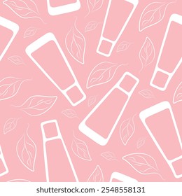 seamless pattern with a longer cosmetic tube and leaves indicating the naturalness of the product on a pink background