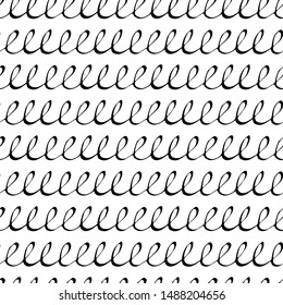Seamless pattern with loop ink pen drawings. Doodle sketch. Black outlines on white background. Trendy texture for digital paper, fabric, decorative backdrops, wrapping. Vector illustration. EPS10