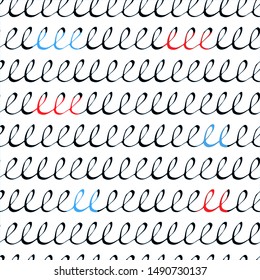 Seamless pattern with loop ink pen drawings. Doodle sketch. Black, red and blue outlines on white background. Trendy texture for digital paper, fabric, decorative backdrops, wrapping. Vector
