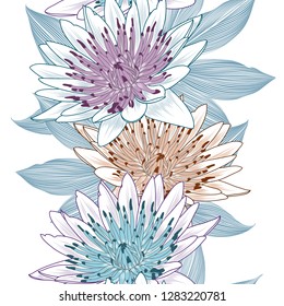 Seamless pattern with lotos flowers and and abstract leaves.