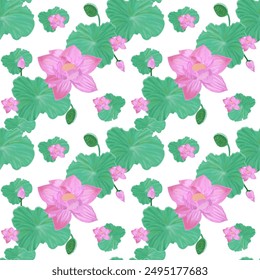 Seamless pattern with lotos flowers,buds and leaves on isolated background