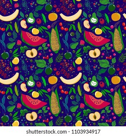 seamless pattern of lots of bright juicy fruits on a blue background