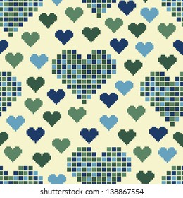Seamless pattern with lots of green pixel hearts