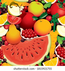 Seamless pattern with lots of whole and sliced fruits, berries, and vegetables. Summer vector background with juicy delicious fruits, suitable for Wallpaper, wrapping paper, fabric, textiles, design.