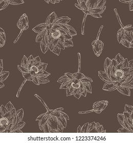 Seamless pattern with lotus: bud, lotus flower and leaves. Vector hand drawn illustration.