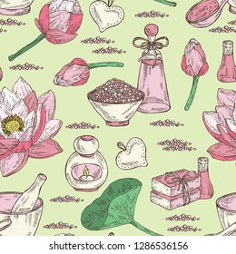 Seamless pattern with lotus: bud, lotus flower and leaves, soap and bath salt . Cosmetic, perfumery and medical plant. Vector hand drawn illustration