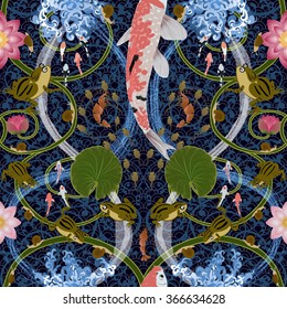 seamless pattern with lotus and carps 