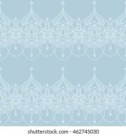 Seamless pattern with lotus in east style. Can be used for backgrounds, business style, tattoo templates, cards design or else. Vector illustration.
