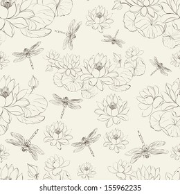 Seamless pattern lotus flower and dragonfly