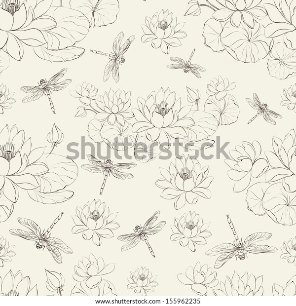 Seamless Pattern Lotus Flower Dragonfly Stock Vector Royalty Free 155962235 Shutterstock 6415