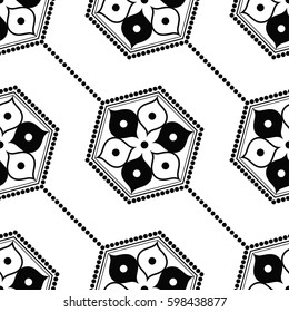 Seamless pattern of lotus flower inside the shape of hexagon. Dotted garlands. Beads. Decorative monochrome trellis print. Abstract black and white background. Vector Illustration.
