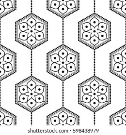 Seamless pattern of lotus flower inside the shape of hexagon. Dotted garlands. Beads. Decorative monochrome trellis print. Abstract black and white background. Vector Illustration.