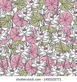 Seamless pattern with lotus flower on a white background. Handmade. Vector. Print for bed linens, fabric, textiles, wallpaper, greeting cards, wrapping paper,gift box

