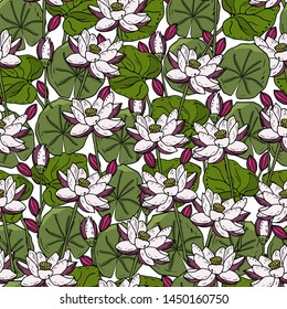 Seamless pattern with lotus flower on a white background. Handmade. Vector. Print for bed linens, fabric, textiles, wallpaper, greeting cards, wrapping paper,gift box

