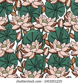 Seamless pattern with lotus flower on a white background. Handmade. Vector. Print for bed linens, fabric, textiles, wallpaper, greeting cards, wrapping paper,gift box

