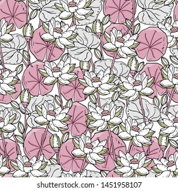 Seamless pattern with lotus flower on a white background. Handmade. Vector. Print for bed linens, fabric, textiles, wallpaper, greeting cards, wrapping paper,gift box

