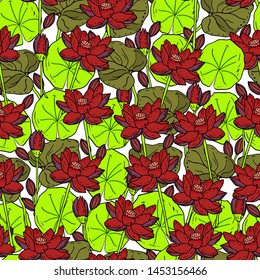 Seamless pattern with lotus flower on a white background. Handmade. Vector. Print for bed linens, fabric, textiles, wallpaper, greeting cards, wrapping paper,gift box

