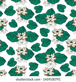 Seamless pattern with lotus flower on a white textured background. Handmade. Vector. Print for bed linens, fabric, textiles, wallpaper, greeting cards, wrapping paper,gift box