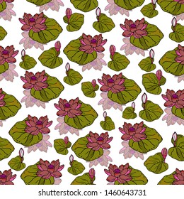 Seamless pattern with lotus flower on a white textured background. Handmade. Vector. Print for bed linens, fabric, textiles, wallpaper, greeting cards, wrapping paper,gift box
