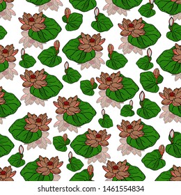 Seamless pattern with lotus flower on a white textured background. Handmade. Vector. Print for bed linens, fabric, textiles, wallpaper, greeting cards, wrapping paper,gift box
