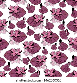 Seamless pattern with lotus flower on a white textured background. Handmade. Vector. Print for bed linens, fabric, textiles, wallpaper, greeting cards, wrapping paper,gift box
