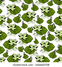 Seamless pattern with lotus flower on a white textured background. Handmade. Vector. Print for bed linens, fabric, textiles, wallpaper, greeting cards, wrapping paper,gift box
