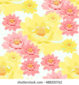 seamless pattern lotus flower pink, yellow, close up on a white background vector illustration