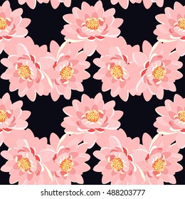 seamless pattern lotus flower pink close up on a black background vector illustration