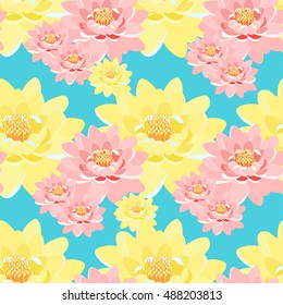 seamless pattern lotus flower pink, yellow, macro on a blue background vector illustration