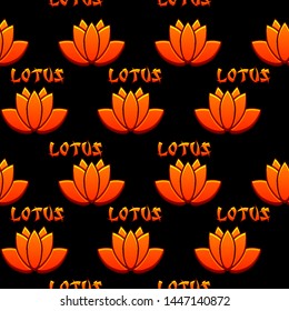 Seamless pattern Lotus flower. Vector red icons and text LOTUS on black background. Background and icons on separate layers