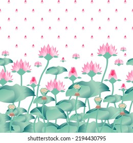Nahtloses Muster mit Lotusblumen für Hintergrund, Textilien und Tapeten. Lotusblumen mit Blättern und Samentöpfen. Lotus-Pflanze, Vektorgrafik.