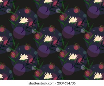 Seamless pattern with lotus flowers, bamboo branches and colorful transparent bubbles