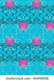 Seamless pattern with lotus flowers. Can be used for backgrounds, business style, tattoo templates, cards design, textile or else. Vector illustration.