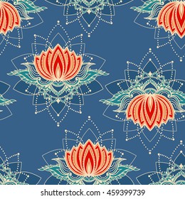 Seamless pattern with lotus flowers. Can be used for backgrounds, business style, tattoo templates, cards design or else. Vector illustration.