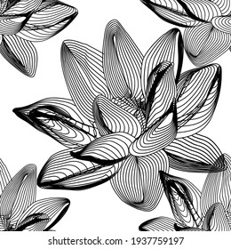 Seamless pattern of lotus flowers drawn in parallel lines. Can be used as a background or as a graphic or web design element.