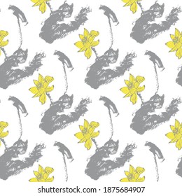 Seamless pattern with lotus flowers in gray and yellow colors. White background. Stock vector illustration.