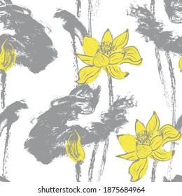 Seamless pattern with lotus flowers in gray and yellow colors. White background. Stock vector illustration.