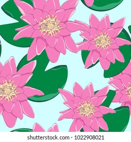 Seamless pattern lotus flowers and leaves background. Botanical illustration.