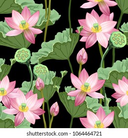 Seamless pattern with lotus flowers and leaves on black background, seamless texture for print design.