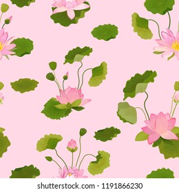 Seamless Pattern with Lotus Flowers and Leaves, Retro Tropical Floral Background for Fashion Print, Birthday Decoration Wallpaper. Vector Illustration